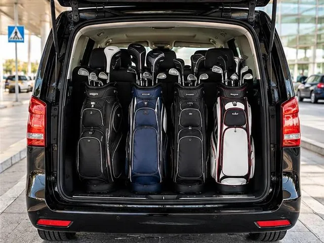Four golf bags with clubs, and room to spare