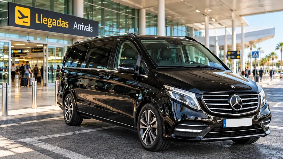 Mercedes V-Class minivan waiting at Málaga Airport arrivals — 8-seater minivan transfer from Málaga Airport to Estepona